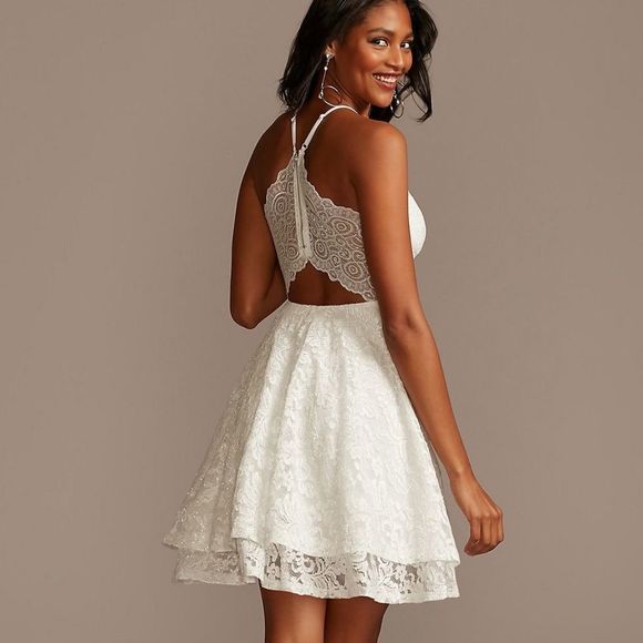 Emerald Sunday Glitter Lace Layered Hem Zippered Racerback Wedding Dress - Picture 3 of 10